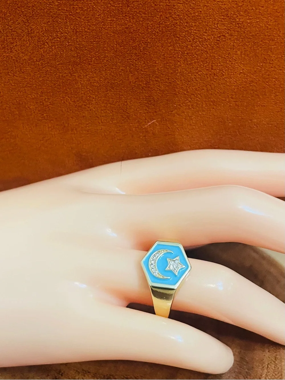 Turquoise Enamel and CZ Moon and Star Gold Filled Adjustable Ring NWOT